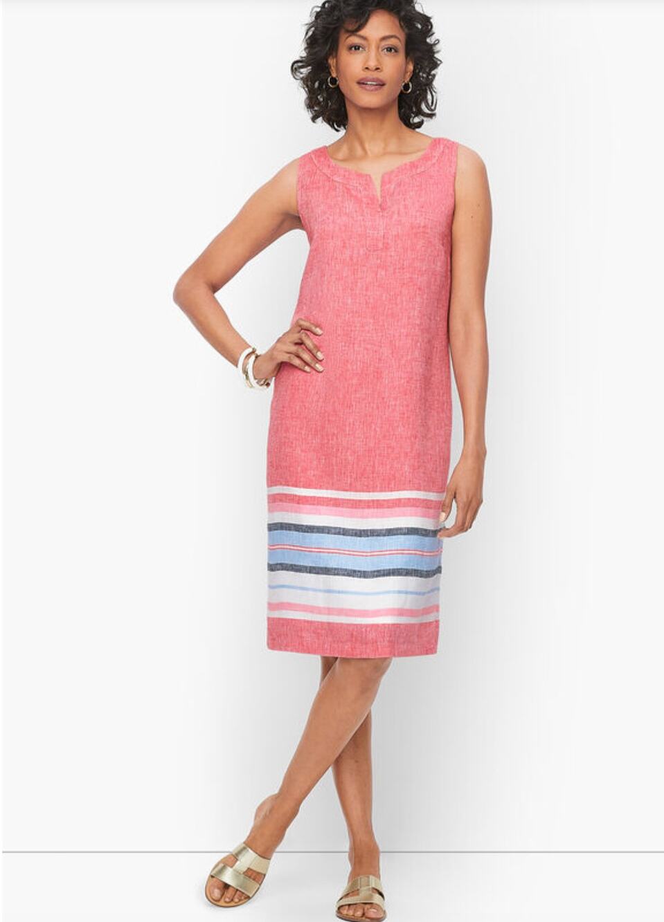 Talbots Womens 10 Red Blue Linen Midi Shift Dress Seaside Stripe Summer Chic